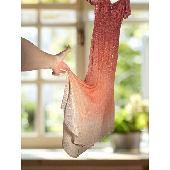 Theia Couture $749 Ombre Sequin Flutter Sleeve Maxi Evening Gown NWT - Picture 11 of 15